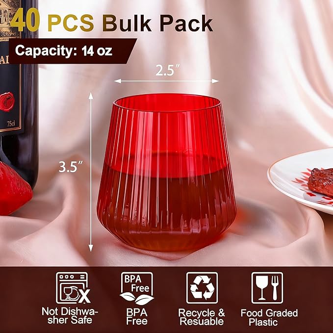 40 Pack Plastic Ribbed Wine Glasses, 14Oz Origami Disposable Wine Glasses Unbreakable Clear Plastic Cocktail Glasses Recyclable Shatterproof Reusable Wine Cups (14oz-red-40pack)