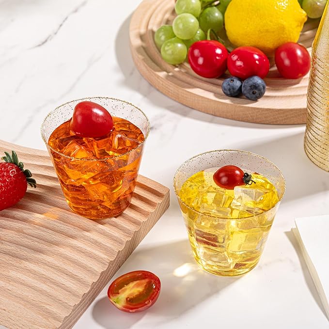 I00000 5oz 100 Pack Gold Glitter Plastic Cups, Glitter Disposable Small Plastic Cups, Disposable Clear Cup with Gold Glitter Shot Glasses, Small Tumbler Perfect for Wedding & Party