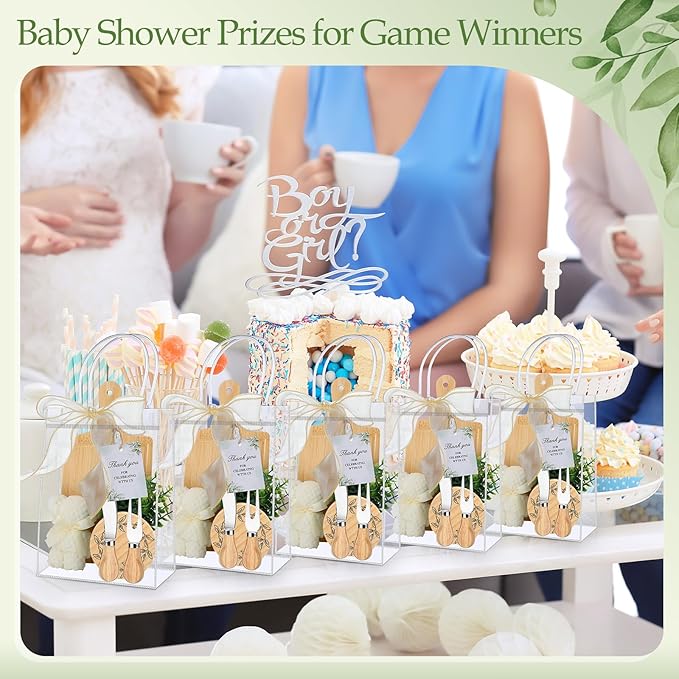 Honeydak 49 Pcs Baby Shower Prizes for Game Players 6 Sets Bamboo Cheese Board Fork Knives Coasters Towel Artificial Potted Plant Thanks Card Gift Bag for Baby Bridal Shower Wedding Favors(Square)