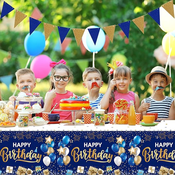 DUAIAI Happy Birthday Decorations, 1 Pcs Navy Blue and Gold Birthday Tablecloth for Boys Girls Men Women, Plastic Disposable Rectangle Table Cover for Birthday Party Supplies- 54" x 108"