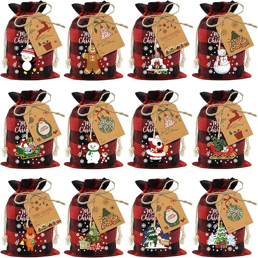 Aviski 60PCS Cotton Small Christmas Drawstring Candy Treat Bags Buffalo Plaid Xmas Xmas Christmas Fabric Goody Gift Sacks Reusable Gift Wrapping Bags Holiday Party Favors - Red/Black