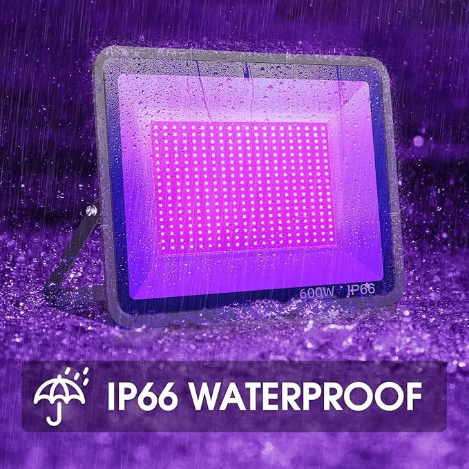 600W 4 Pack LED Black Light,395nm to 405nm LED UV Blacklight, IP66 Waterproof Black Flood Light Outdoor with Plug and SwitchNeon Glow for Glow Party, Halloween, Fluorescent Poster, Body Paint