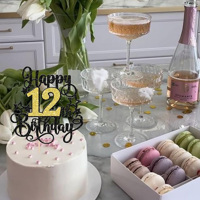 1 PCS Happy 12th Birthday Cake Topper Black Gold Glitter Cheers to 12 Years Birthday Cake Pick Hello 12 Fabulous Cake Decoration for Happy 12th Birthday Anniversary Party Decorations Supplies
