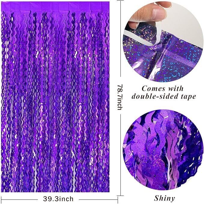 2 Pack Purple Backdrop Tinsel Foil Fringe Curtains Sparkle Metallic Wavy Foil Fringe Backdrop Curtain Photo Booth Props for Halloween Party Decorations Birthday Graduation Bachelorette