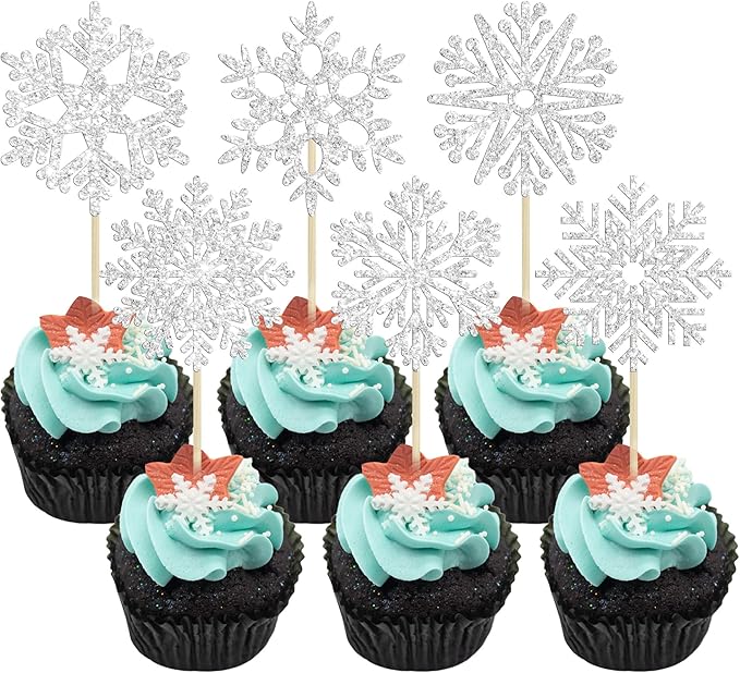 36Pcs Snowflake Cupcake Toppers Frozen Cupcake Picks Winter Frozen Theme Party Christmas Baby Shower Wedding Decoration Supplies Winter Wonderland Theme Cupcake Topper Sliver