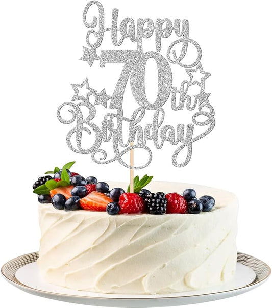 1 PCS Happy 70th Birthday Cake Topper Glitter Cheers to 70 Years Birthday Cake Pick Hello 70 Fabulous Cake Decoration for Happy 70th Birthday Anniversary Party Decorations Supplies Silver