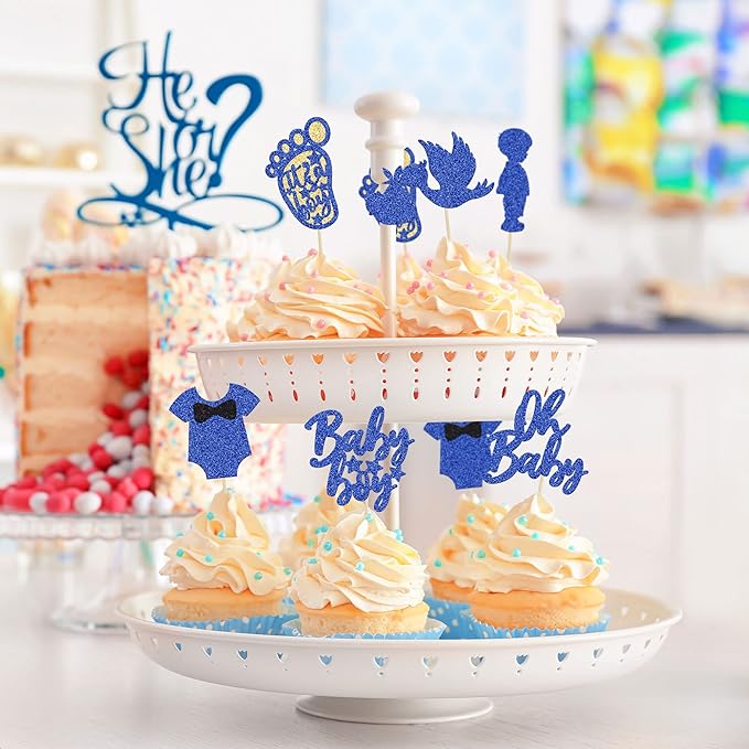 24Pcs Baby Shower Oh Baby Cupcake Toppers with Onesie Swan Baby Boy Footprint Deep Blue Glitter Cake Picks Decorations for Baby Shower Gender Reveal It's a Boy Birthday Party Supplies