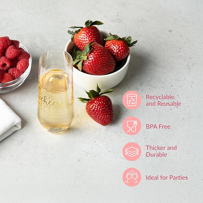 Prestee 24 Pack Stemless Plastic Champagne Flutes - 9 Oz Disposable Cheers Toast Cups for New Years Eve - Shatterproof Drinkware for Cocktails, and Mimosa Bar Supplies