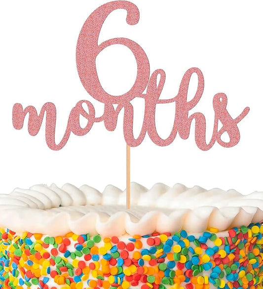 6 Months Cake Topper - Golden Glitter 1/2 Birthday Cake Decorations, Perfect for Baby Shower/Gender Reveal Party/Baby Party Photo Booth Props (Pink)