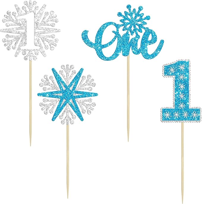 24Pcs One Snowflake Cupcake Toppers Blue Glitter Winter Snowflake 1st Birthday Cupcake Picks First Birthday Cake Decorations for Winter Wonderland Kids 1st Birthday Party Supplies