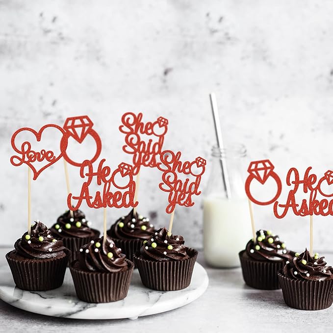 Gyufise 24 Pieces Red Glitter Engagement Cupcake Toppers He Asked She Said Yes Diamond Ring Heart Cupcake Picks for Wedding Bridal Shower Party Cake Decorations