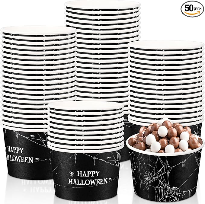 50 Pack 9 oz Happy Halloween Disposable Paper Cups Spider Webs Disposable Soup Bowls Black Paper Snack Cups Halloween Party Supplies for Dessert Hot or Cold Food
