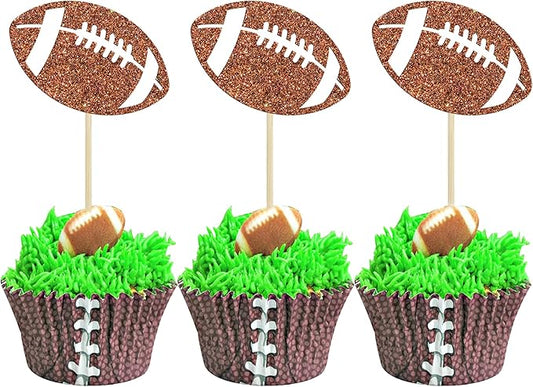 24Pcs Rugby Football Cupcake Toppers Rugby Ball Cupcake Picks Sports Ball Theme Cake Decoration for Rugby Super Baby Shower Kids Birthday Party Decorations Supplies