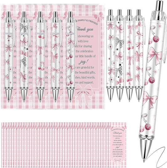 50 Sets Baby Shower Favors Pens, Pink Bow Baby Shower Favors for Guests, Neutral Gender Reveal Favors With 50 Rolling Paper Ballpoint Pens And 50 Greeting Cards
