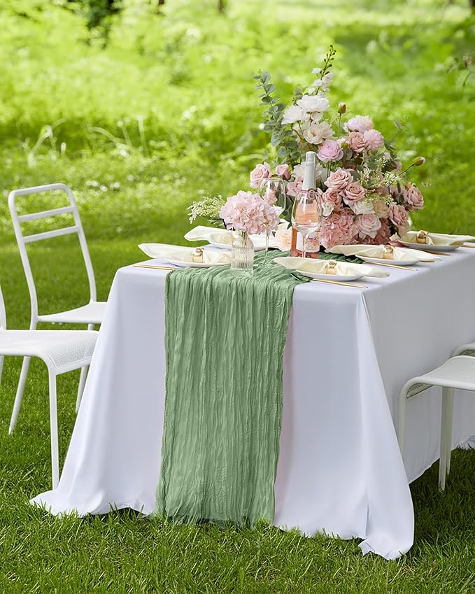 Pureegg 2-Pack Cheese Cloths Table Runner, 120'' Boho Table Cloth Decorations for Party, Baby Shower, Wedding and Farmhouse, Fabric Room Decor, Sage Green