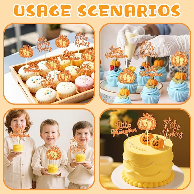 Little Pumpkin Cupcake Toppers, 24 Pcs Glitter Pumpkin Cupcake Picks Little Pumpkin Baby Shower Decorations Little Pumpkin Baby Shower Party Supplies