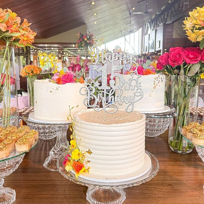 1 PCS Happy 15th Birthday Cake Topper Glitter Cheers to 15 Years Birthday Cake Pick Hello 15 Fabulous Cake Decoration for Happy 15th Birthday Anniversary Party Decorations Supplies silver