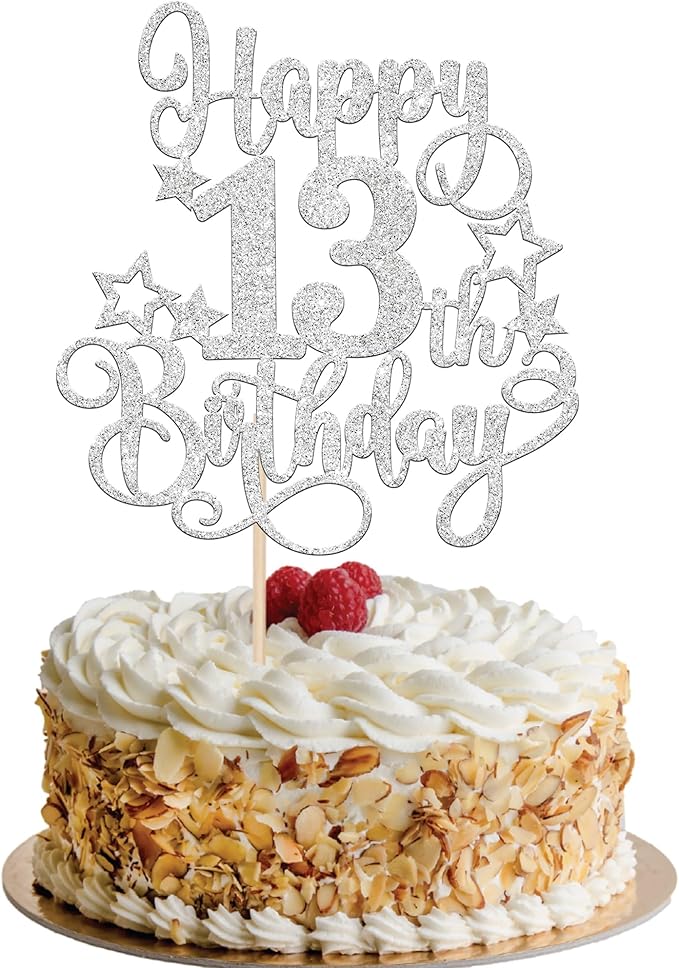 1 PCS Happy 13th Birthday Cake Topper Glitter Cheers to 13 Years Birthday Cake Pick Hello 13 Fabulous Cake Decoration for Happy 13th Birthday Anniversary Party Decorations Supplies silver