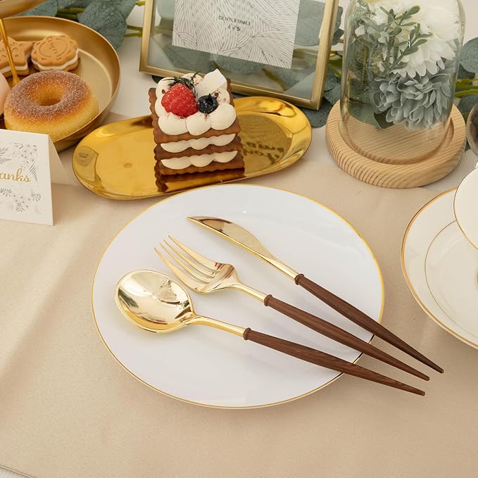N9R 90Pcs Gold Plastic Silverware Heavy Duty, Elegant Disposable Plastic Silverware with Wood Grain Handle, Gold Plastic Cutlery Set Include 30 Forks, 30 Spoons, 30 Knives Perfect for Wedding, Party