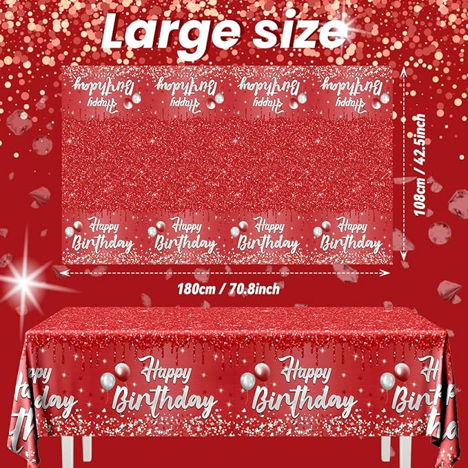 Happy Birthday Party Decorations 3Pcs Happy Birthday Tablecloth Red and Sliver Table Cloth Plastic Table Cover for Women Men Baby Shower Party Supplies