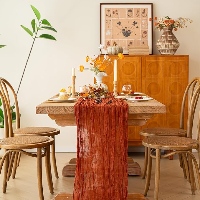 FEXIA Terracotta Cheesecloth Thanksgiving Table Runner 35x120 Inches Orange Red Rust Boho Gauze Christmas Table Runners Burnt for Wedding Decor Reception Bridal Shower Centerpiece