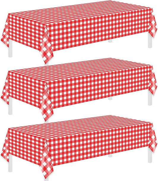 Childom 3 Pack Red and White Checkered Tablecloths 54"x108" Christmas Tablecloths for Rectangle,Disposable Plastic Table Cover for Weddings,Home,Birthday,Picnic,Buffet,Pizza Party,Racing Car Decors