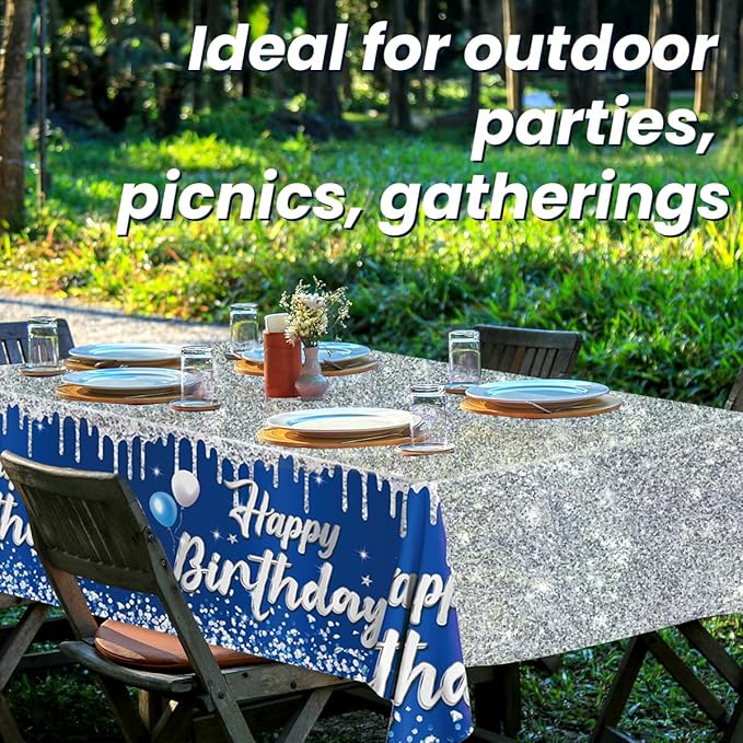 Happy Birthday Tablecloth,3pcs Navy Blue and Sliver Table Cloths for Parties Rectangle Glitter Navy Blue Birthday Decoration for 18th 21st 30th 40th 60th 70th Birthday Party Supplies
