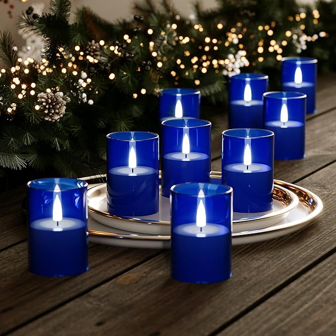 12Pack Flickering Flameless LED Candles with Timer, Battery Powered - Small Pillar & Votive, Acrylic Made, Blue (2"X3")