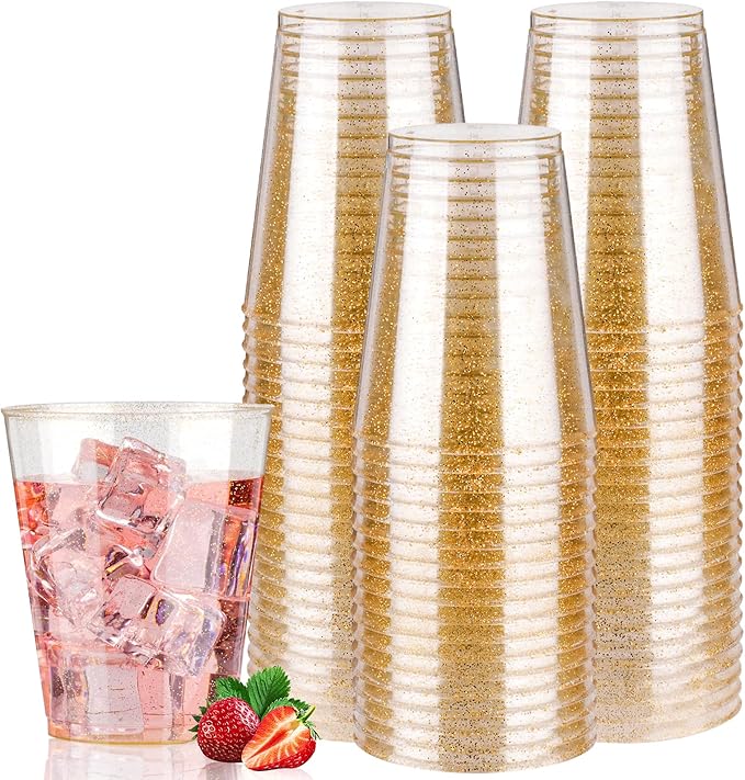 Goodluck 10 oz 50 PCS Gold Glitter Plastic Cups, Disposable Glitter Cups, Elegant Plastic Cocktail Glasses, Fancy Party Cups for Wedding, Birthday, Holiday