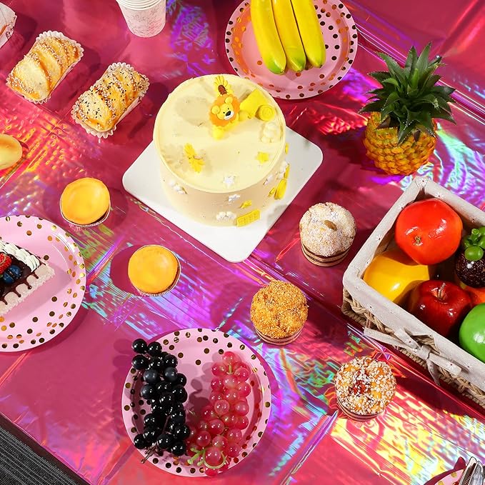 1 Pack Hot Pink Iridescence Plastic Tablecloths Shiny Disposable Laser Rectangle Table Covers Holographic Foil Tablecloth Iridescent Party Decorations Birthday Bridal Wedding Christmas, 54 x 108 Inch