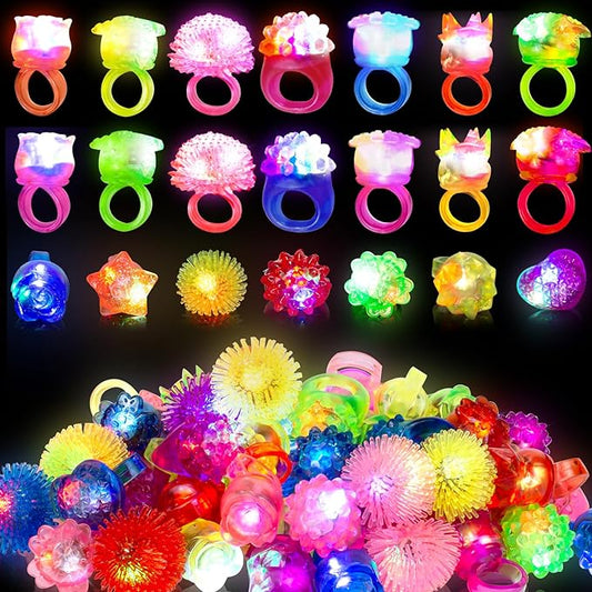 65 Pack Light Up Rings Glow in The Dark Party Supplies, Glow Rings Bulk Party Favors for Kids Adults, LED Colorful Rubber Ring Surprise Gifts for Birthday Christmas Halloween Party Decorations