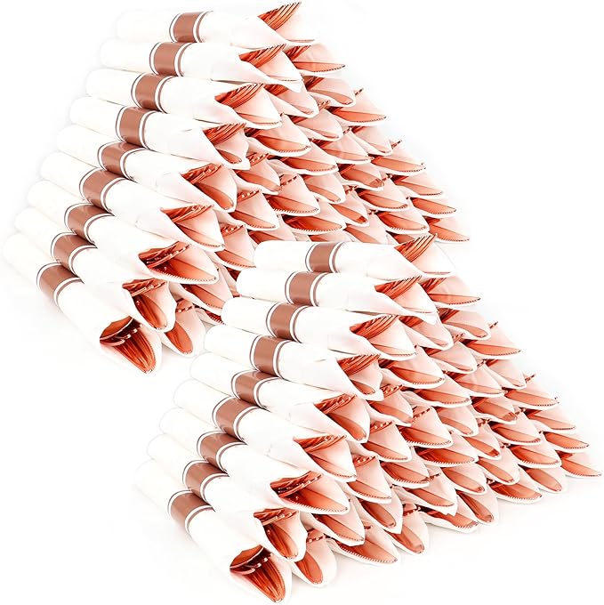 100 Pack Pre Rolled Rose Gold Plastic Silverware Set,Wrapped Plastic Cutlery Set with Napkin Include 100 Forks,100 Spoons,100 Knives and 100 White Napkins for Party, Wedding,showers
