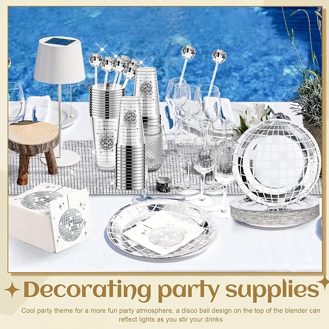 70s Disco Party Supplies Disco Balls Plates Napkins Cocktail Stirrers Disposable Plastic Cups Party Table Runner for 80s 90s Wedding Picnic Travel(101 Pieces)
