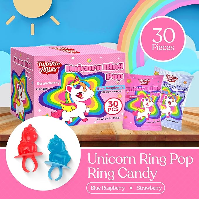 30 Pack Unicorn Ring Candy - Individually Wrapped - Unicorn Party Favors - Bulk Candy Use For Kids, Adults, Classroom, Pinata - Unicorn Birthday Decorations