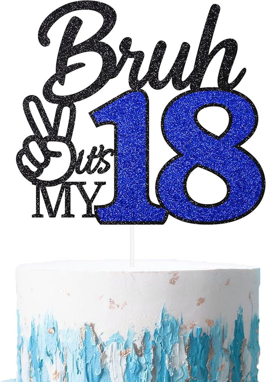 1 Pcs Bruh I'm 18 Cake Topper, Happy 18th Birthday Cake Pick, It's My 18th Birthday Party Decoration For Boys, Funny Boy Cheers To 18 Year Party Supply(Blue & Black)