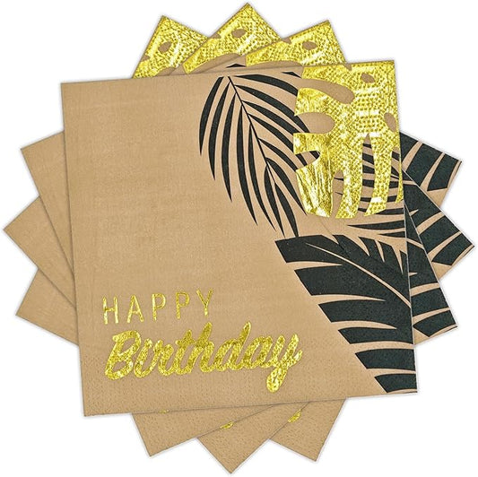 DYLIVeS Tropical Leaves Happy Birthday Cocktail Party Napkins, Gold Foil Disposable Kraft Paper Dinner Napkins for Safari Jungle Island Luau Birthday Baby Shower Party Decoration, 6.5 Inch, 50 Pack