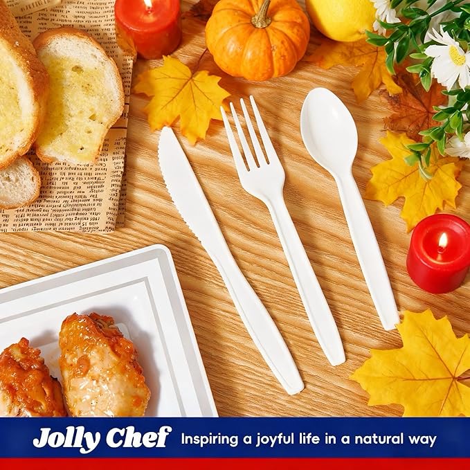 JOLLY CHEF 360 Count White Plastic Silverware Heavy Duty, 180 Forks, 120 Spoons, 60 Knives, Heat ResistantPlastic Utensils Set, Disposable Cutlery set, Premium Clear Utencils for Party, Christmas