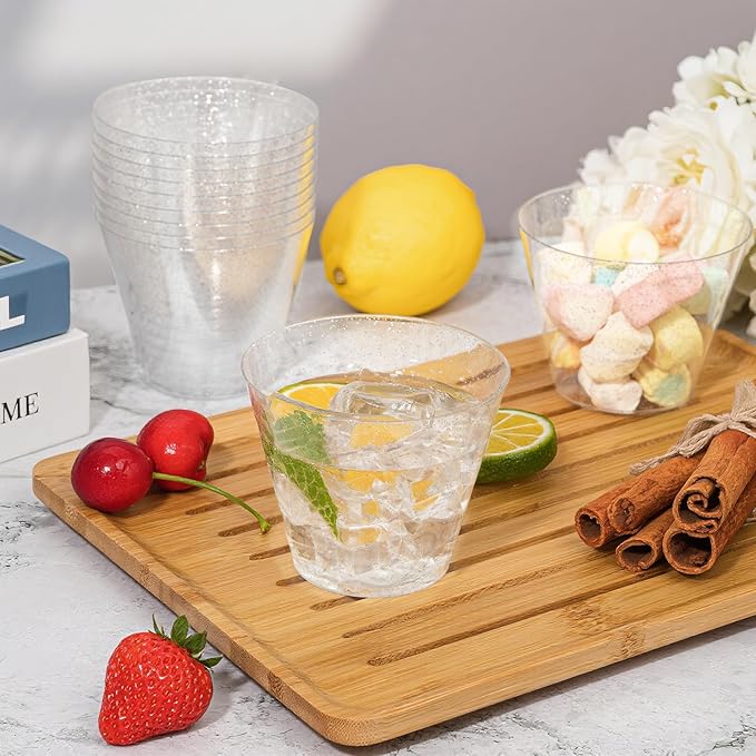 I00000 9oz 200 Pack Silver Plastic Cups, 9 Ounce Plastic Wine Cups with Silver Glitter Design, Fancy Wedding Cup, Cocktail Disposable Cup, Perfect for Parties, Wedding and Festival Events