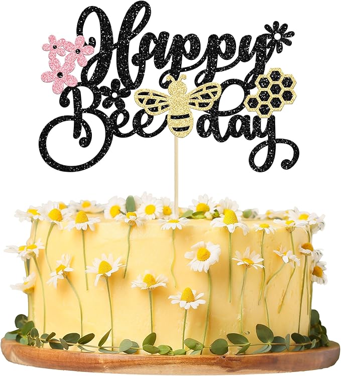 1 Pack Happy Bee Day Cake Topper Glitter Bumble Bee Theme Cake Pick Decorations for Baby Shower Kids Birthday Party Supplies Black
