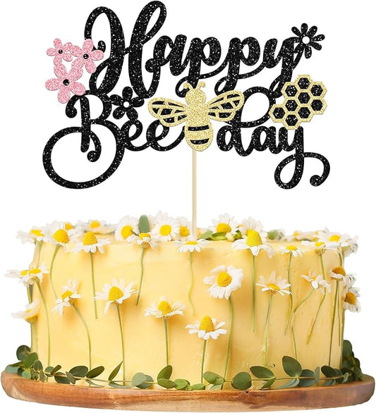1 Pack Happy Bee Day Cake Topper Glitter Bumble Bee Theme Cake Pick Decorations for Baby Shower Kids Birthday Party Supplies Black