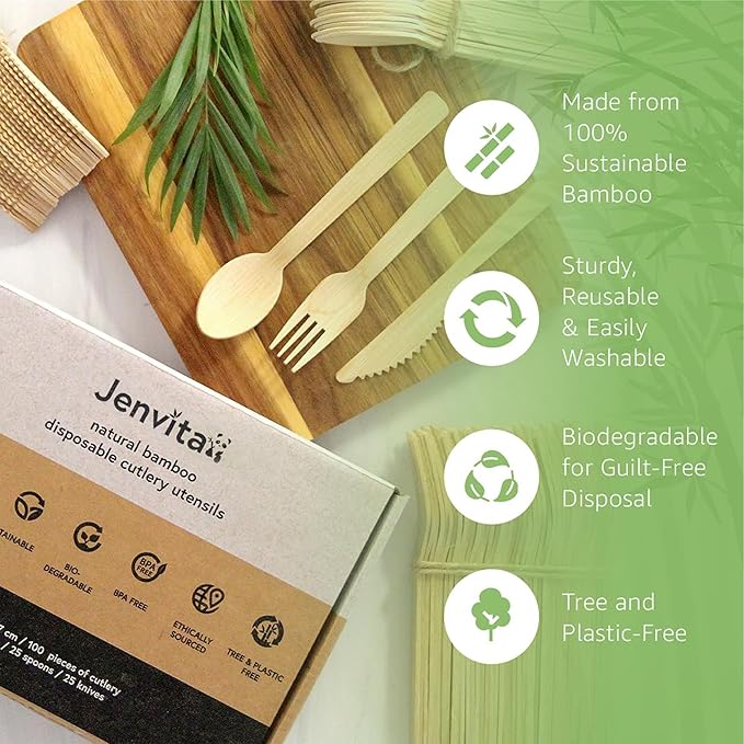 100% Bamboo Utensils Set - 100x Compostable Cutlery Set (50 Compostable Forks, 25 Disposable Spoons, 25 Biodegradable Knives) | Bamboo Silverware | FSC Certified for Weddings, Camping, Party