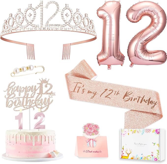12th Birthday Decorations for Girls, Including 12 year old Cake Topper, Birthday Queen Sash with Pearl Pin, Sweet Rhinestone Tiara Crown, Number Candles and Balloons Set, Rose Gold