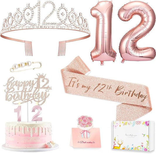 12th Birthday Decorations for Girls, Including 12 year old Cake Topper, Birthday Queen Sash with Pearl Pin, Sweet Rhinestone Tiara Crown, Number Candles and Balloons Set, Rose Gold