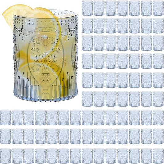 100 Plastic Vintage Drinking Glasses 8.5oz Stemless Retro Embossed Wine Glasses Shatterproof Reusable Cups for Baby Shower Wedding Reception Grand Event Party (Blue)