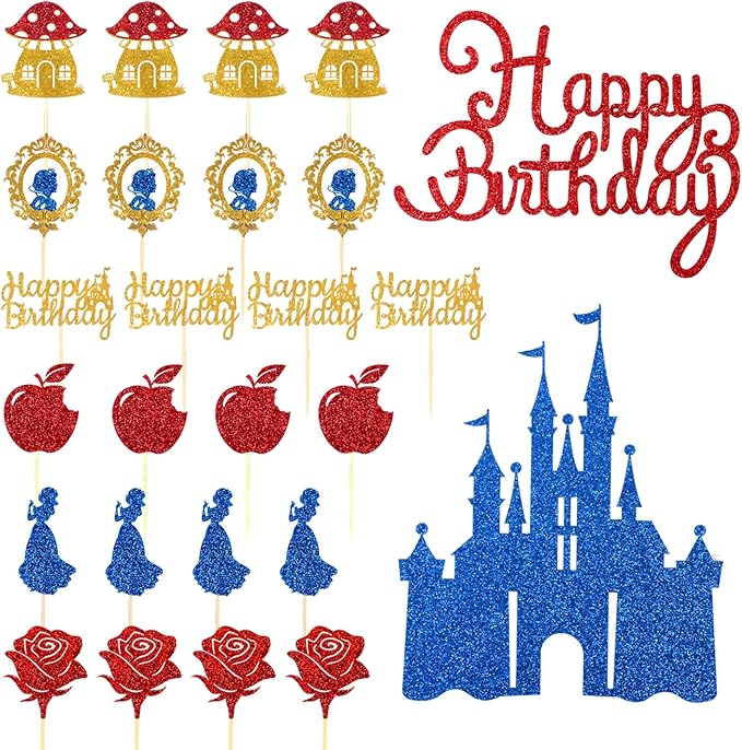 26Pcs Glitter Princess Cake Topper Set with Royal Blue Castle Happy Birthday Cake Toppers Red Rose Apple Cupcake Toppers for Princess Winter Wonderland Forest Baby Shower Party Decor
