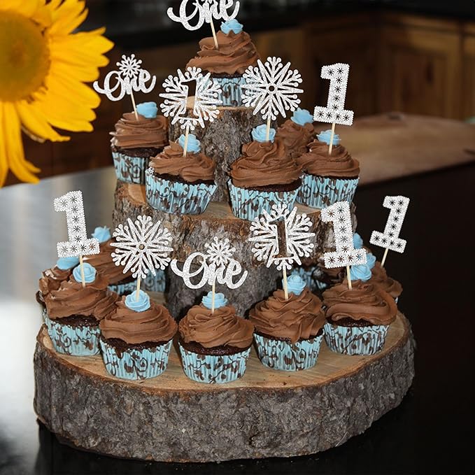 24Pcs Snowflake Cupcake Toppers Silver Glitter Winter Snowflake 1st Birthday Cupcake Picks First Birthday Cake Decorations for Winter Wonderland Kids 1st Birthday Party Supplies