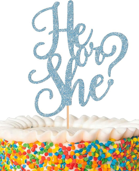 He or She Cake Topper - Glitter Gold Gender Reveal Cake Topper Decorations, Suitable for Baby Shower Favors, Baby Gender Reveal, Baby Birthday Party or Baby Photo Booth Props (Sky Blue)