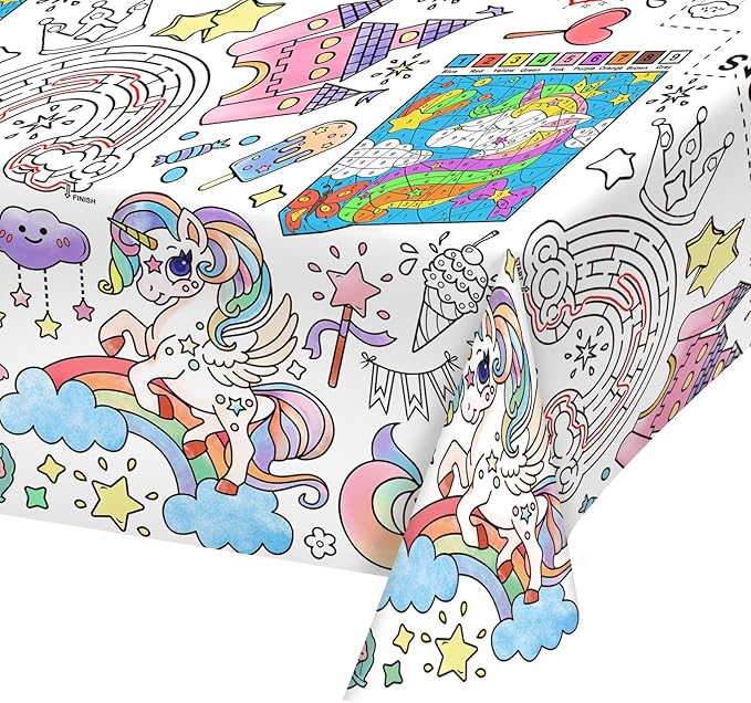 Gatherfun Magical Unicorn Birthday Party Supplies Color-in Disposable Paper Tablecloth | 54x88 in Rainbow Unicorn Party Decorations Set for Kids Birthday, School & Special Events