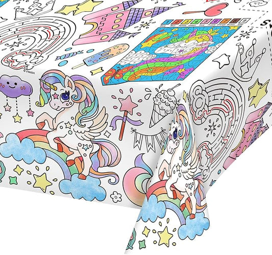 Gatherfun Magical Unicorn Birthday Party Supplies Color-in Disposable Paper Tablecloth | 54x88 in Rainbow Unicorn Party Decorations Set for Kids Birthday, School & Special Events