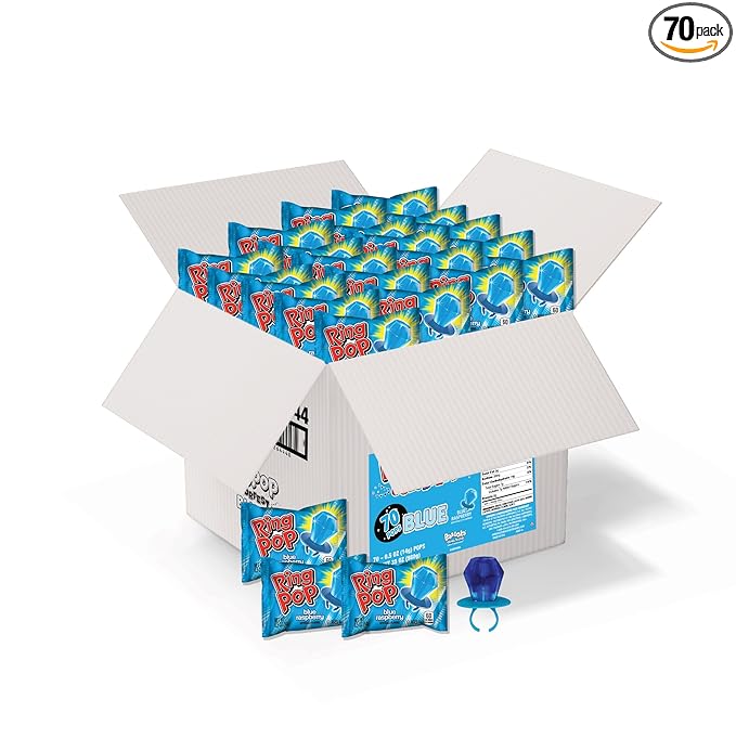 Ring Pop Individually Wrapped Candy 70 Count Bulk Lollipop Pack – Christmas Candy Bulk Individually Wrapped, Blue Raspberry Flavored Lollipop Suckers, Gender Reveal, Baby Showers & Stocking Stuffers